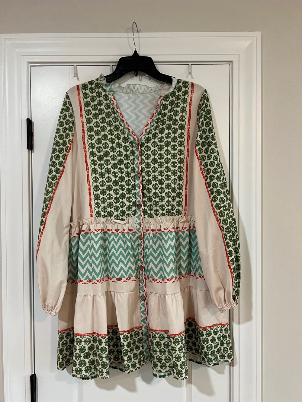 SHEIN Cream, Green & Aqua Boho Long Sleeve Tiered Dress